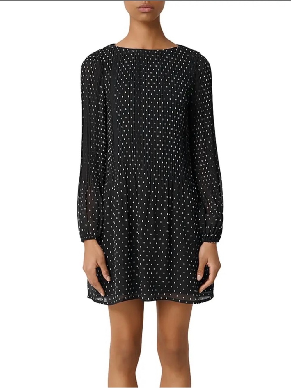 Maje Rockito pleated polka dot textured shift dress lined